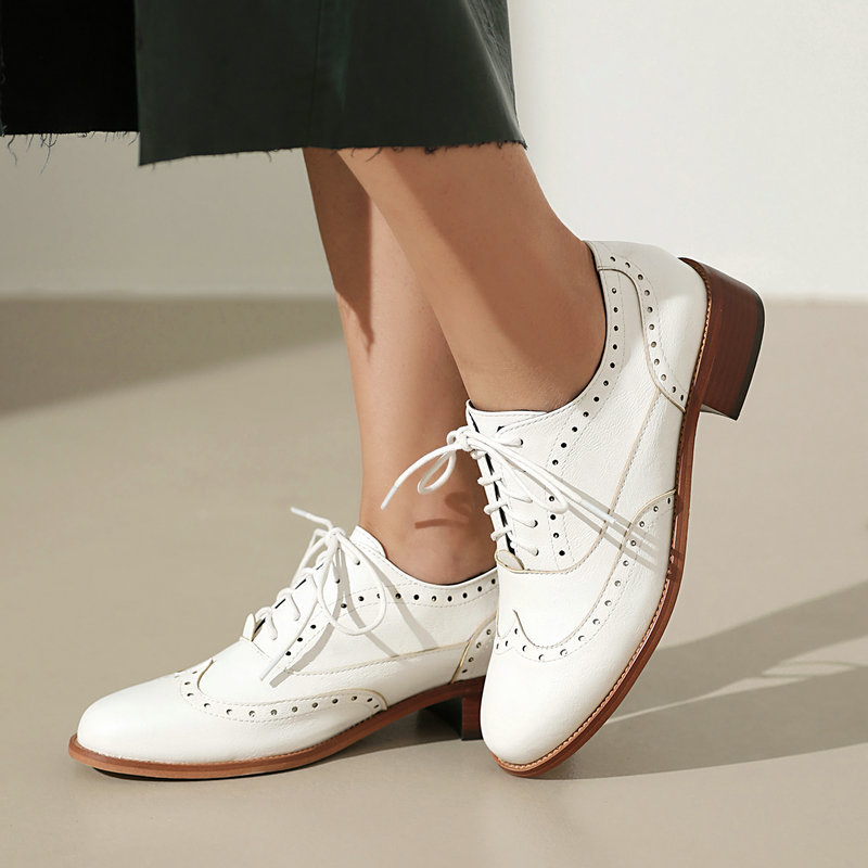 Oxford Brogue Leather - 브로그 옥스퍼드 슈즈 여성 레이스업 낮은