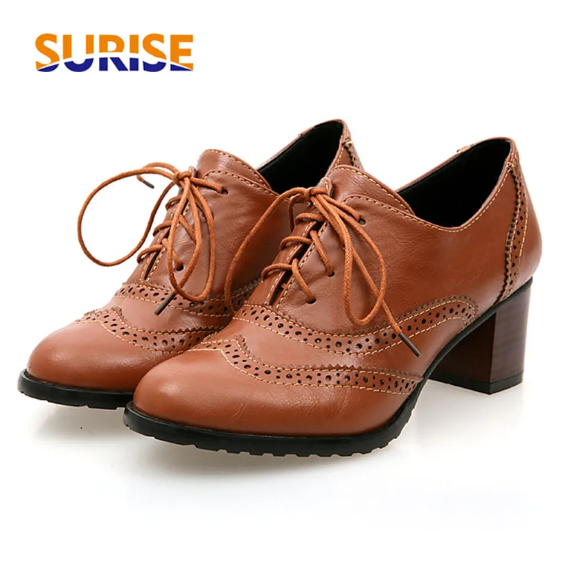 Oxford Brogue Leather - 영국 여성 옥스포드 하이 블록 힐