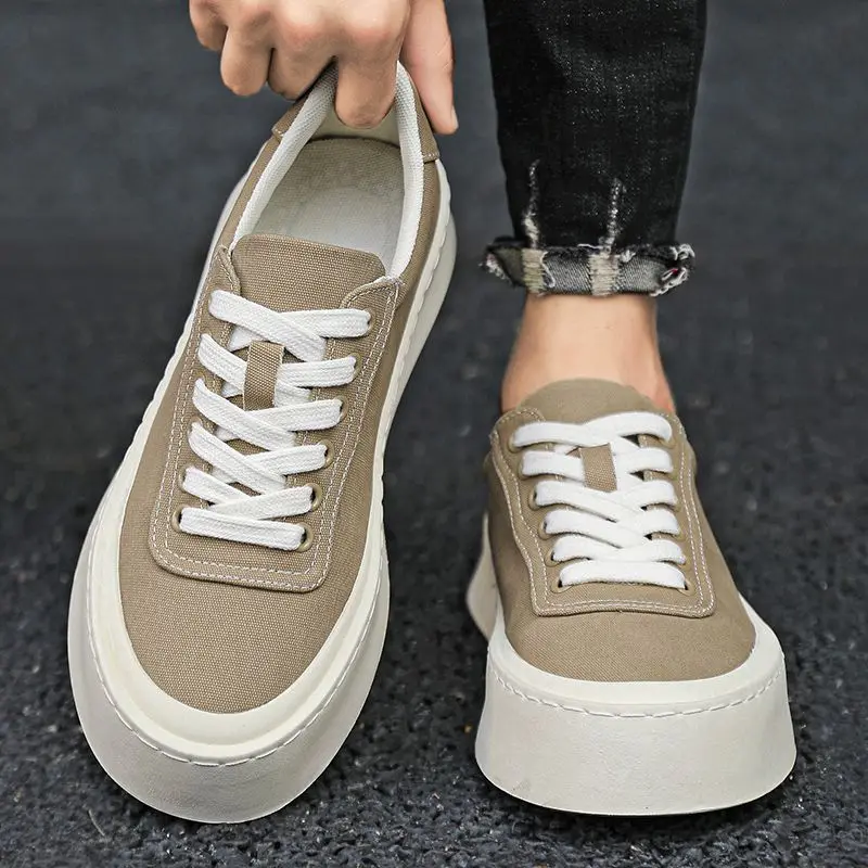 Men Shoes Offer - 카키 플랫 스니커즈 캔버스 키높이 남성