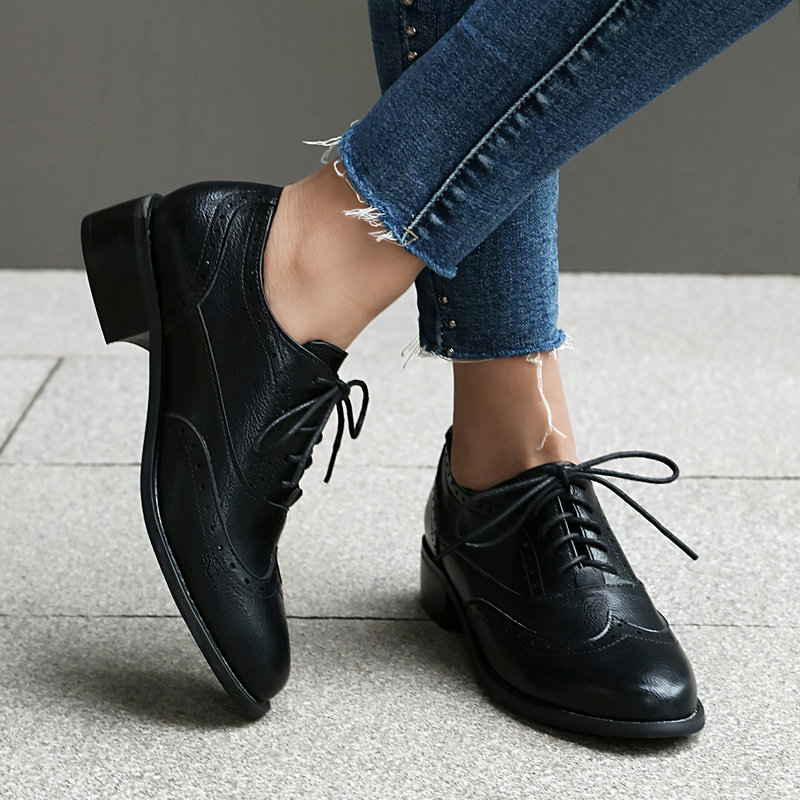 브로그 옥스퍼드 슈즈 여성 레이스업 낮은 굽 PU 가죽 - Oxford Brogue Leather 리뷰 및 가격