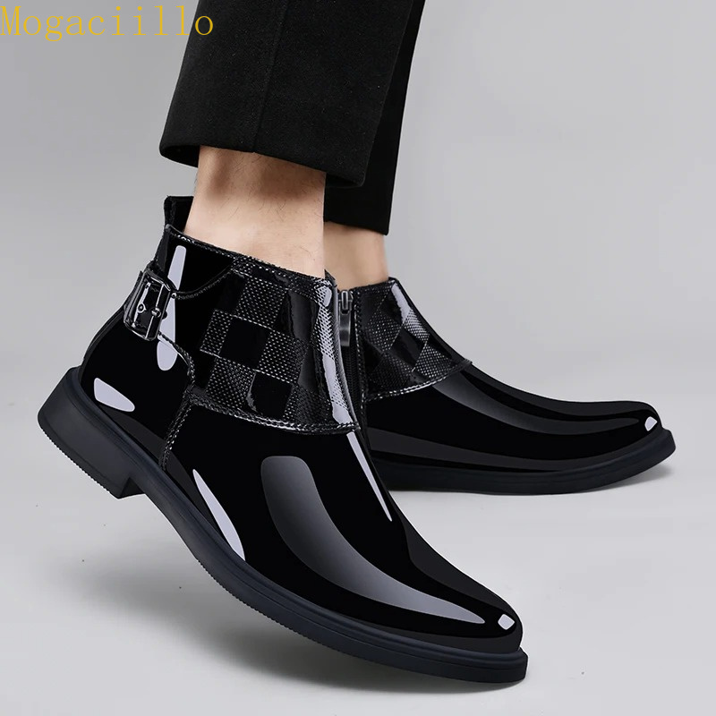 브랜드 남성용 블랙 광택 에나멜 가죽 앵클 부츠 고품질 - Men'S Shoes Quality Brands 리뷰 및 가격