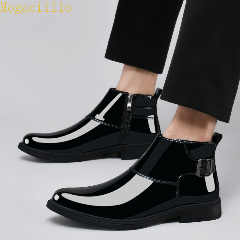 브랜드 남성용 블랙 광택 에나멜 가죽 앵클 부츠 고품질 - Men'S Shoes Quality Brands 리뷰 및 가격