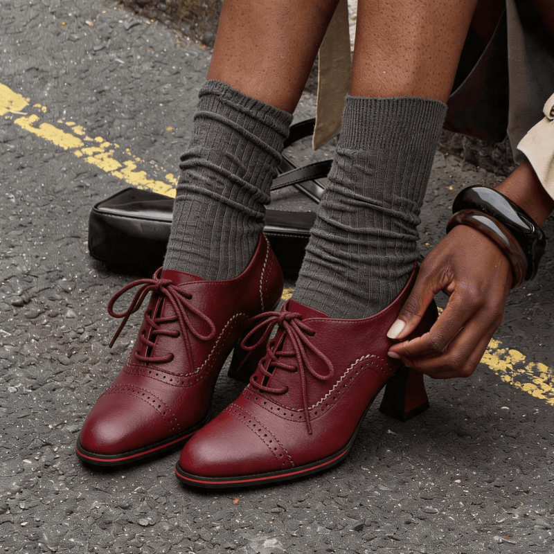 여성용 인조 가죽 브로그 옥스퍼드 힐 플레어드 미드 블 - Oxford Brogue Leather 리뷰 및 가격