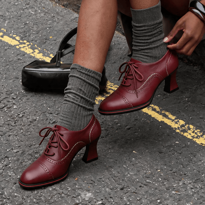 여성용 인조 가죽 브로그 옥스퍼드 힐 플레어드 미드 블 - Oxford Brogue Leather 리뷰 및 가격