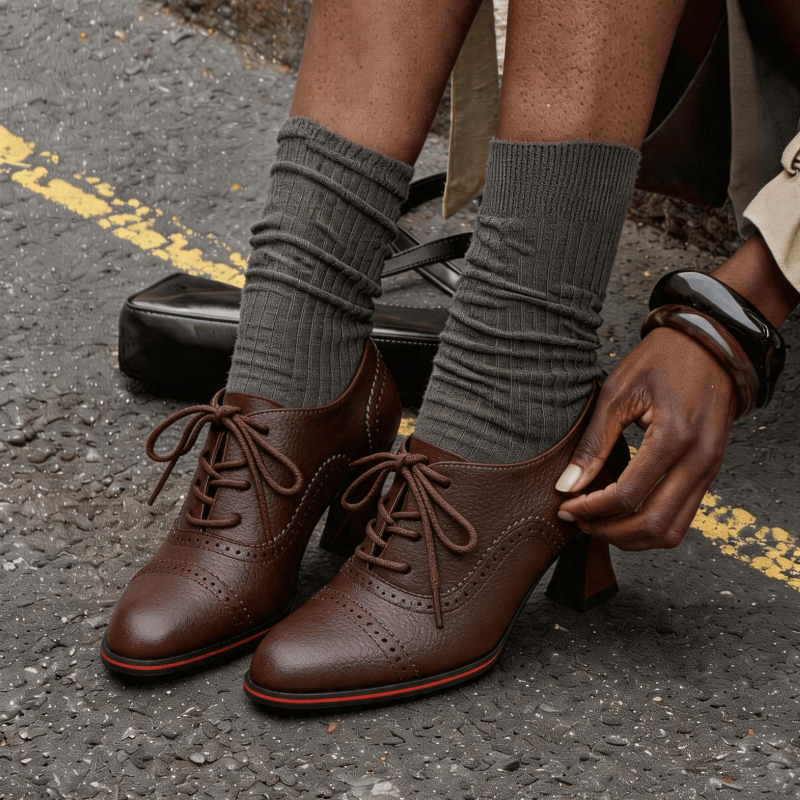 여성용 인조 가죽 브로그 옥스퍼드 힐 플레어드 미드 블 - Oxford Brogue Leather 리뷰 및 가격