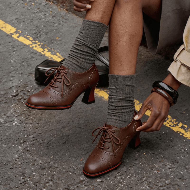 여성용 인조 가죽 브로그 옥스퍼드 힐 플레어드 미드 블 - Oxford Brogue Leather 리뷰 및 가격